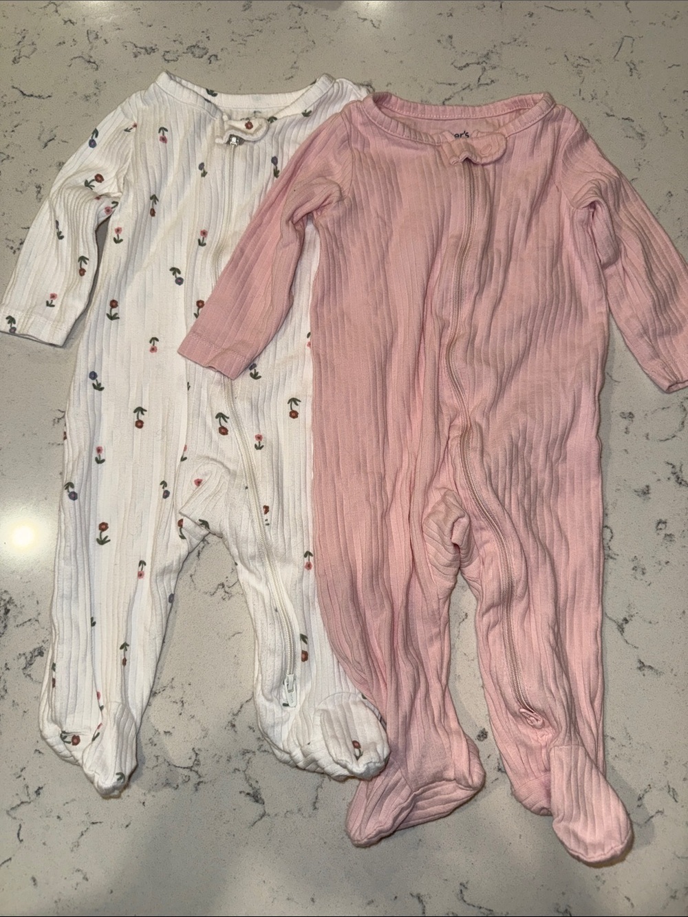 Carter's Pink Ribbed Footed Pajama & White Floral Footie Set